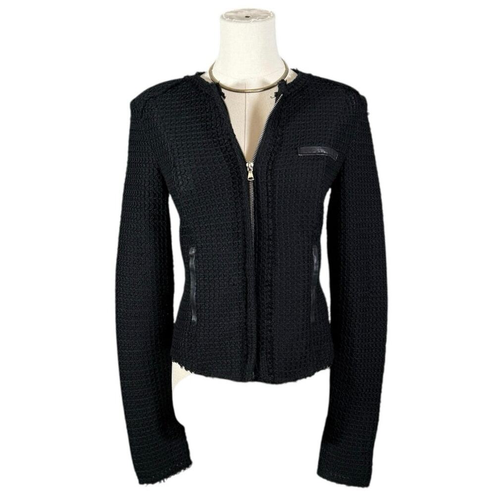 PAIGE Lindy Grid Knit Black Zip Jacket Leather Trim Pockets XS Goth Grunge